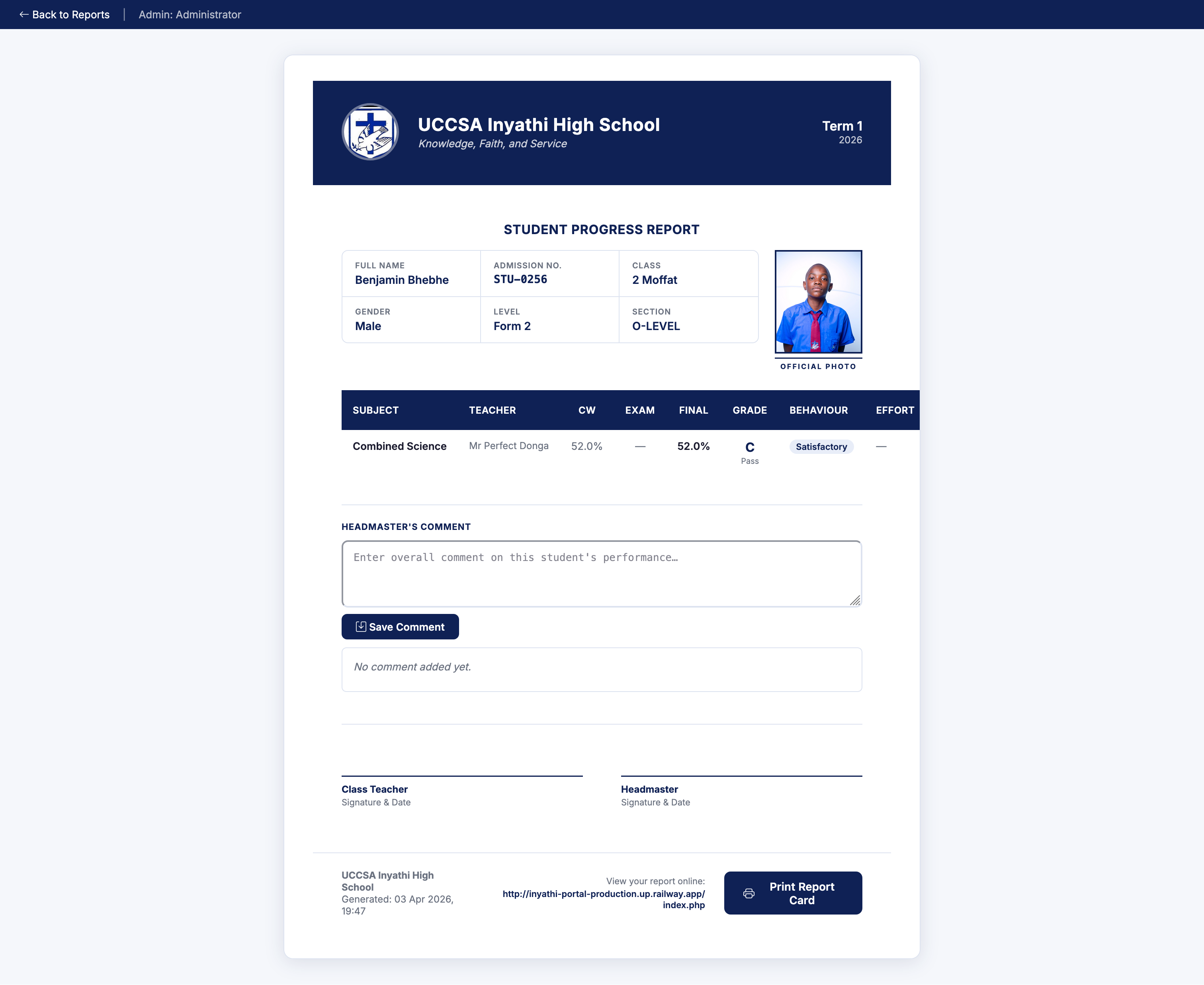 Student progress report card